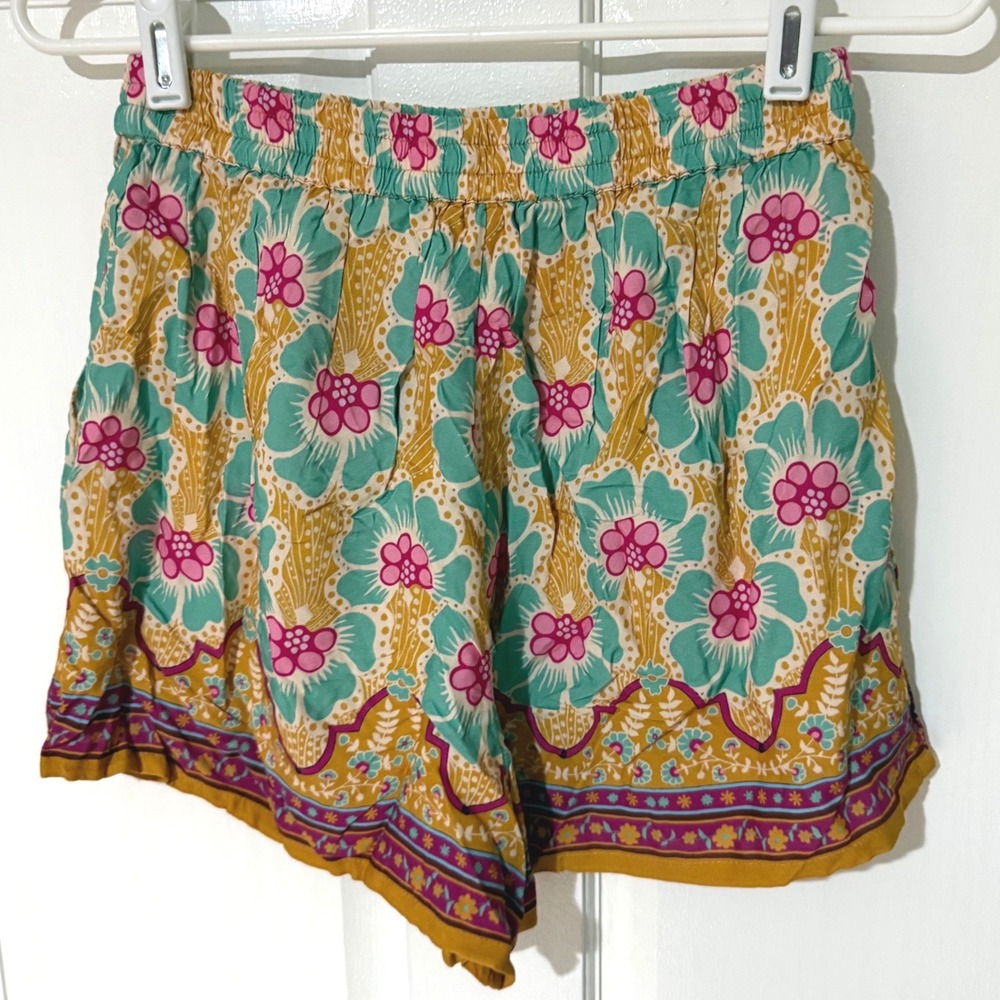 Natural Life Womens Small Floral Paisley Border Print Rayon Shorts Mustard Teal - Picture 5 of 6